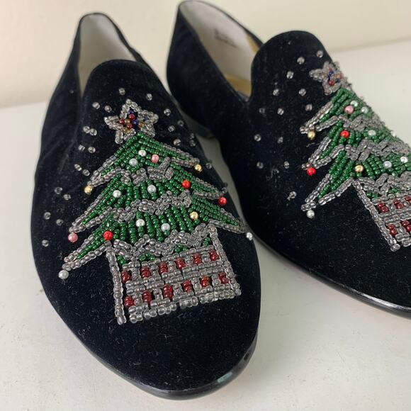 Vintage Karen Scott Black Velvet Christmas Tree Flats Beaded Size 8B Holiday - Picture 7 of 12